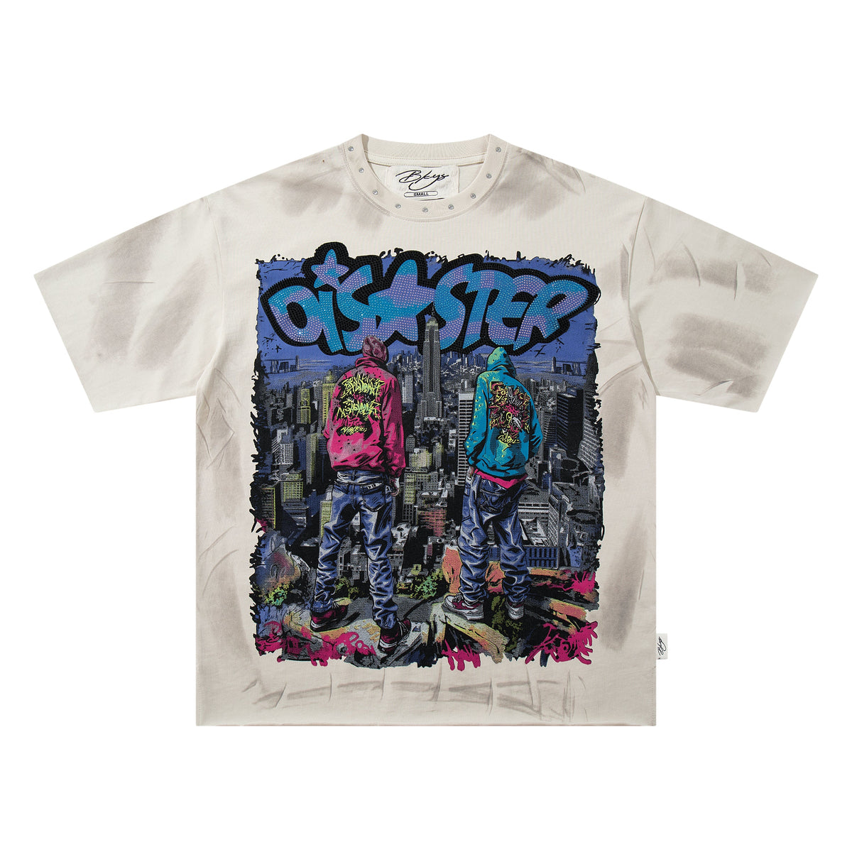 BKYS City Two Figures Rhinestone Beige Oversized Graphic T-Shirt
